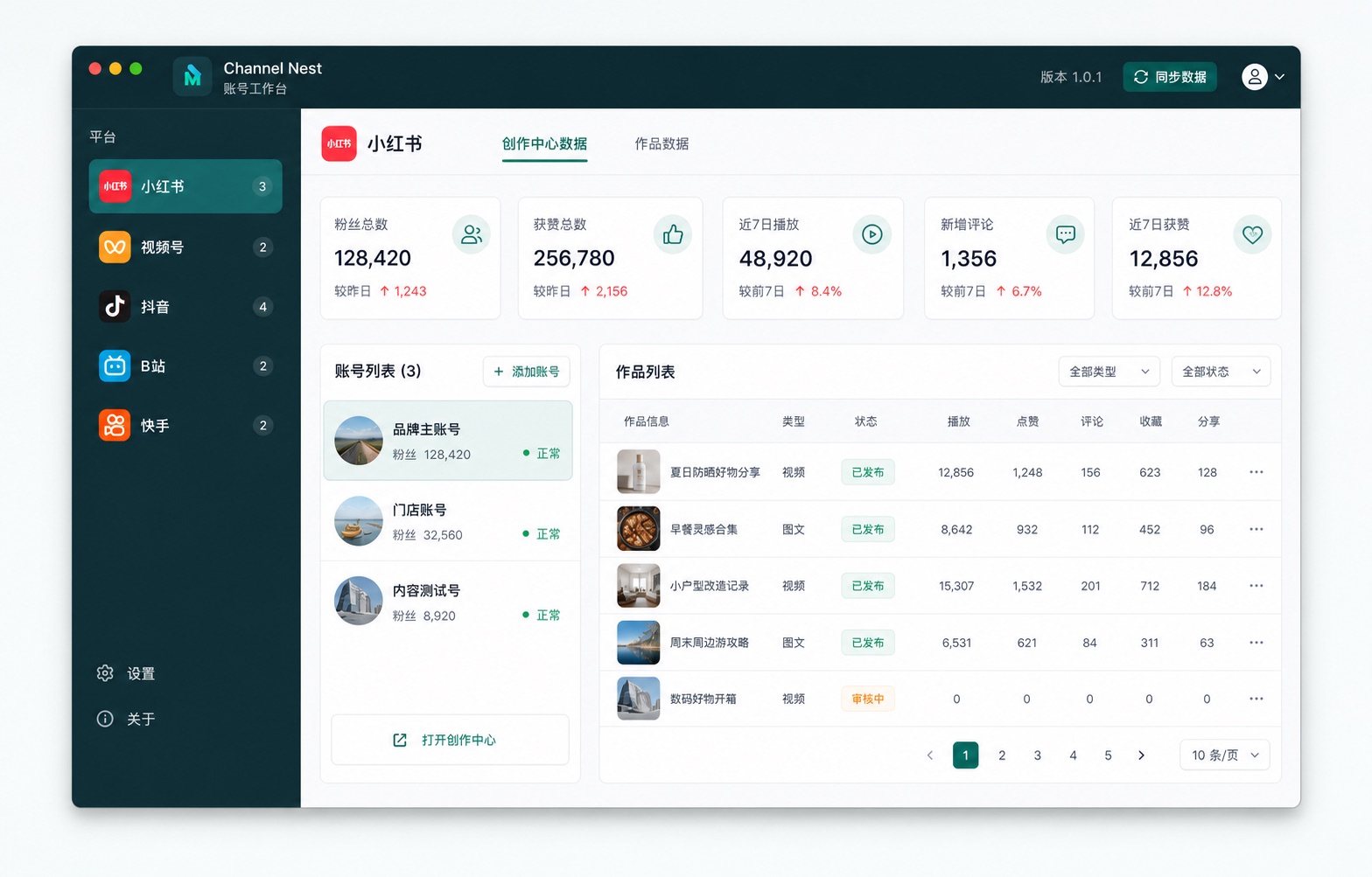 营销大师 Channel Nest 桌面端账号总览、创作中心数据和作品列表界面